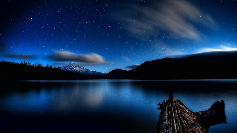 Mountain Reflected in Lake — Blue, Serene, Night, Photograph, Clouds