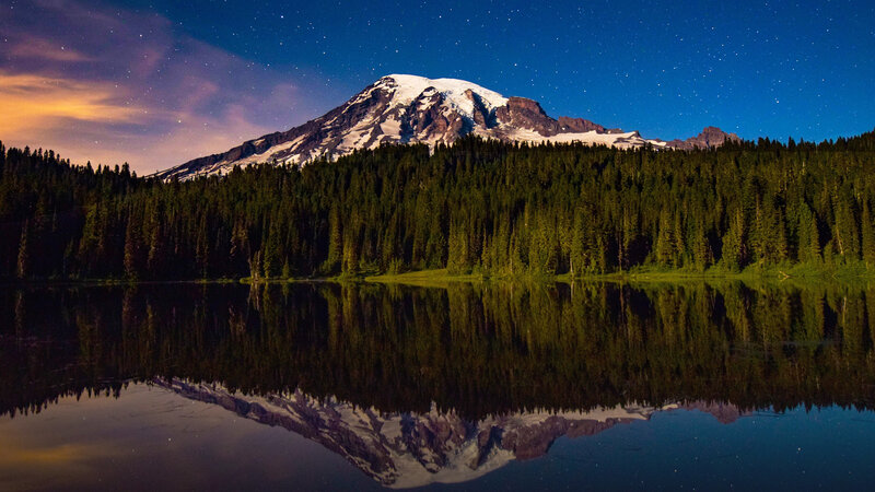 Mountain Reflected in Lake — Blue, Serene, Night, Photograph, Forest, Stars, Snow