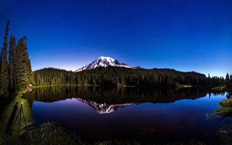 Mountain Reflected in Lake — Blue, Serene, Night, Photograph, Forest, Stars