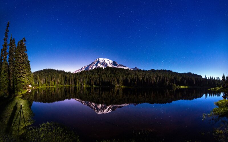Mountain Reflected in Lake — Blue, Serene, Night, Photograph, Forest, Stars, Tripod, Black