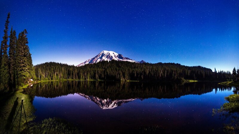 Mountain Reflected in Lake — Blue, Serene, Night, Photograph, Forest, Stars, Tripod, Black, White