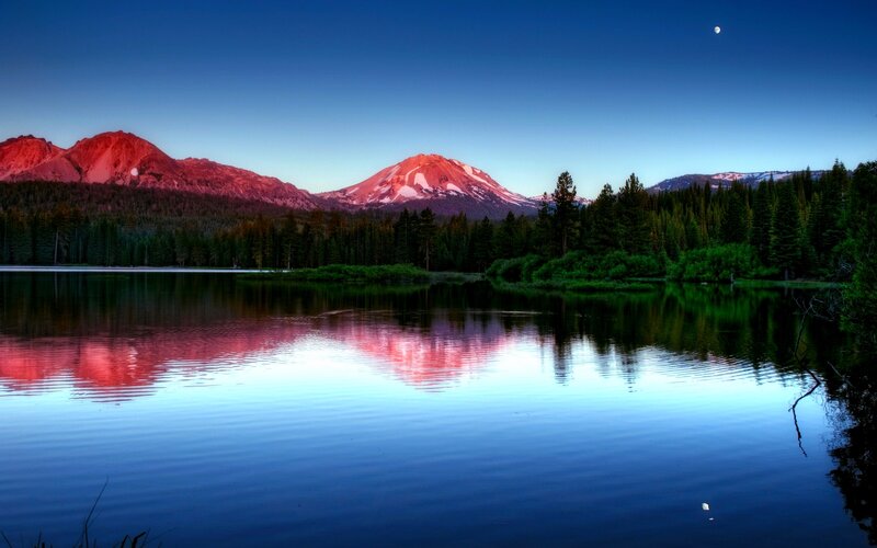 Mountain Reflected in Lake — Blue, Serene, Night, Photograph, Forest