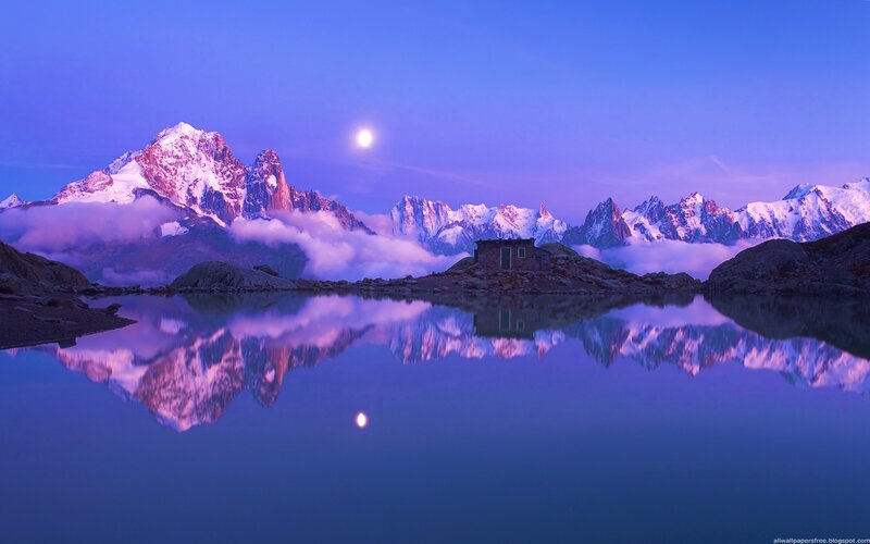 Mountain Reflected in Lake — Blue, Serene, Night, Photograph, Moon, Clouds
