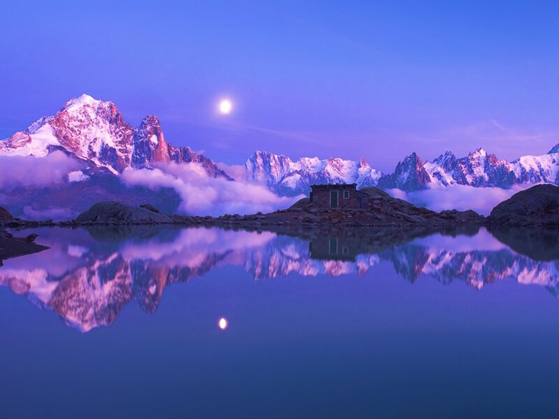Mountain Reflected in Lake — Blue, Serene, Night, Photograph, Moon
