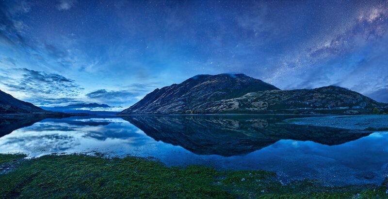 Mountain Reflected in Lake — Blue, Serene, Night, Photograph, Stars, Clouds