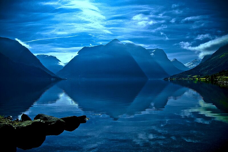 Mountain Reflected in Lake — Blue, Serene, Night, Photograph