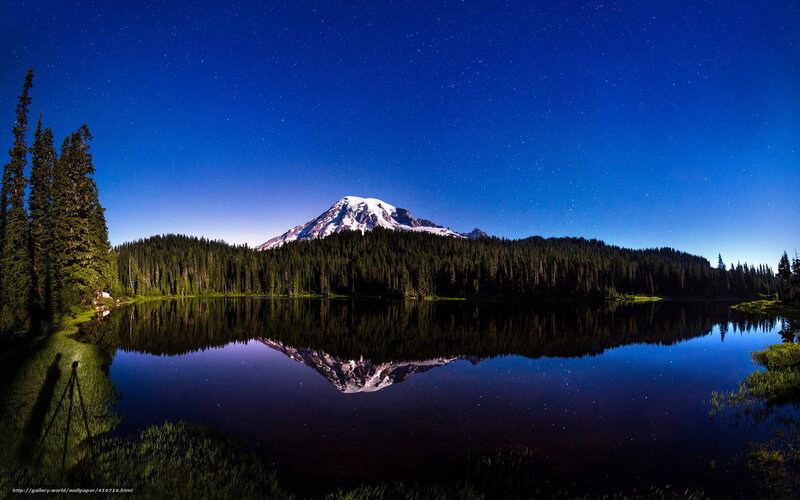 Mountain Reflected in Lake — Blue, Serene, Night, Photograph, Trees, Stars