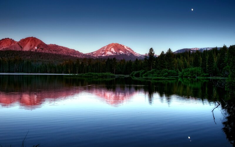 Mountain Reflected in Lake — Blue, Serene, Night