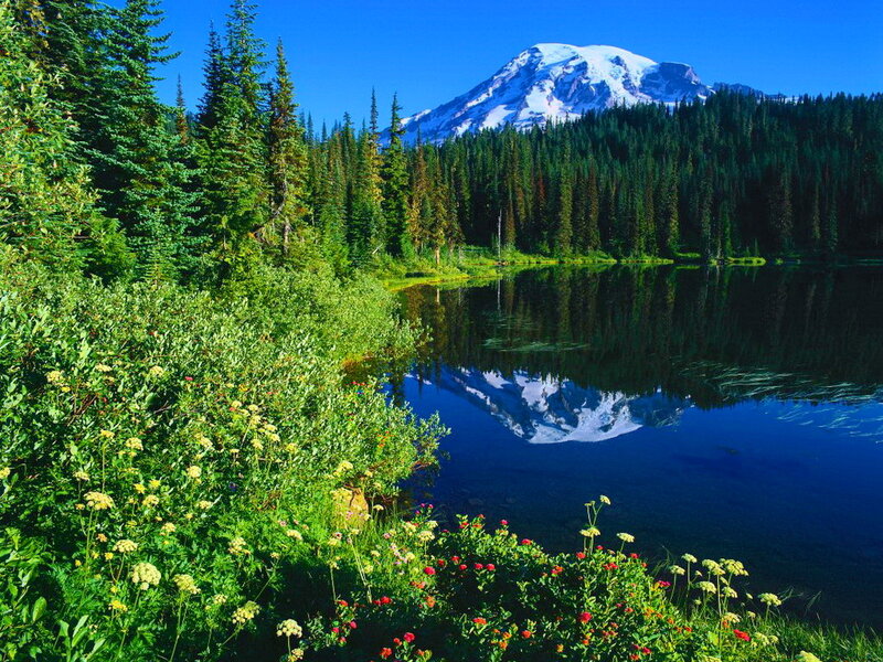 Mountain Reflected in Lake — Blue, Serene, Summer, Photograph