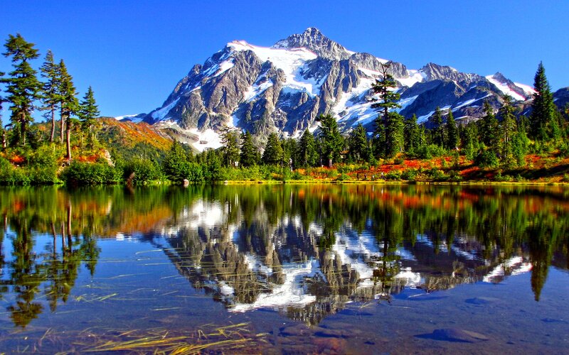 Mountain Reflected in Lake — Blue, Serene, Summer