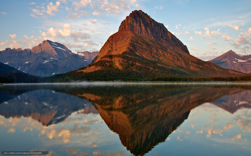 Mountain Reflected in Lake — Blue, Serene, Sunrise, Photograph, Clouds