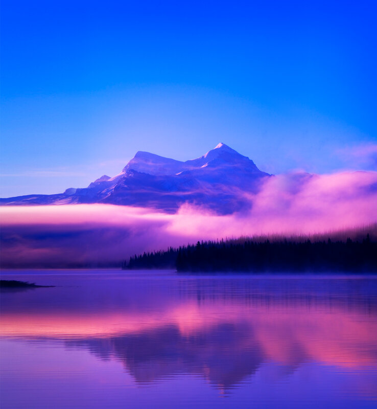 Mountain Reflected in Lake — Blue, Serene, Sunrise, Photograph, Fog