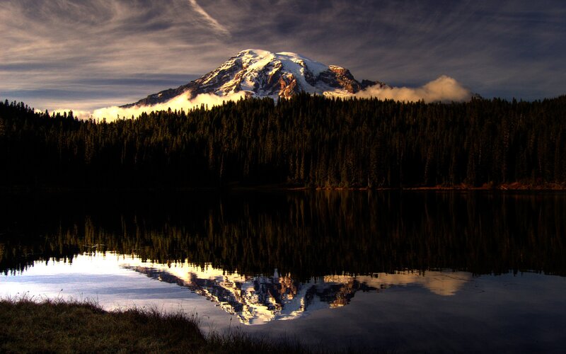 Mountain Reflected in Lake — Blue, Serene, Sunrise, Photograph, Forest, Clouds, Snow, Green