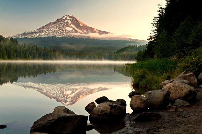 Mountain Reflected in Lake — Blue, Serene, Sunrise, Photograph, Forest, Rocks