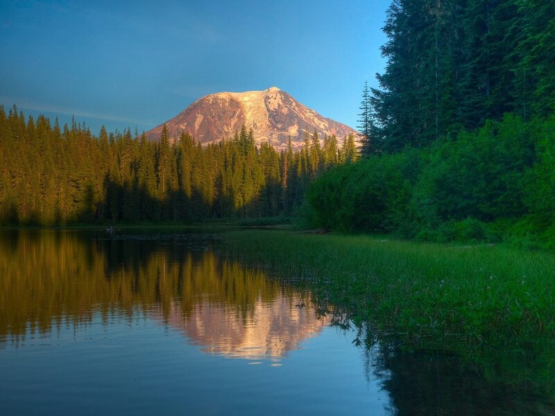 Mountain Reflected in Lake — Blue, Serene, Sunrise, Photograph, Forest, Snow-capped Mountain, Green