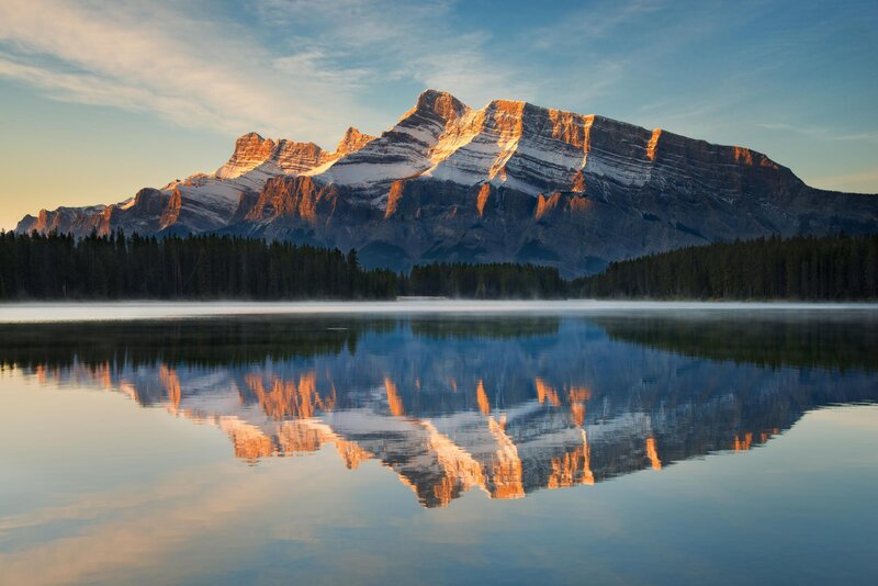 Mountain Reflected in Lake — Blue, Serene, Sunrise, Photograph, Forest, Snow, Sky