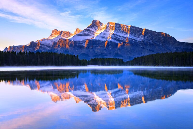 Mountain Reflected in Lake — Blue, Serene, Sunrise, Photograph, Forest, Snow