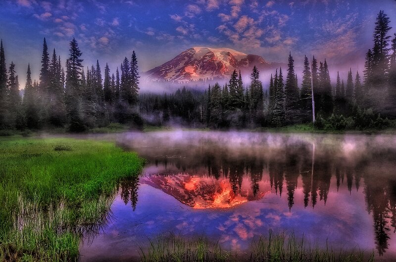 Mountain Reflected in Lake — Blue, Serene, Sunrise