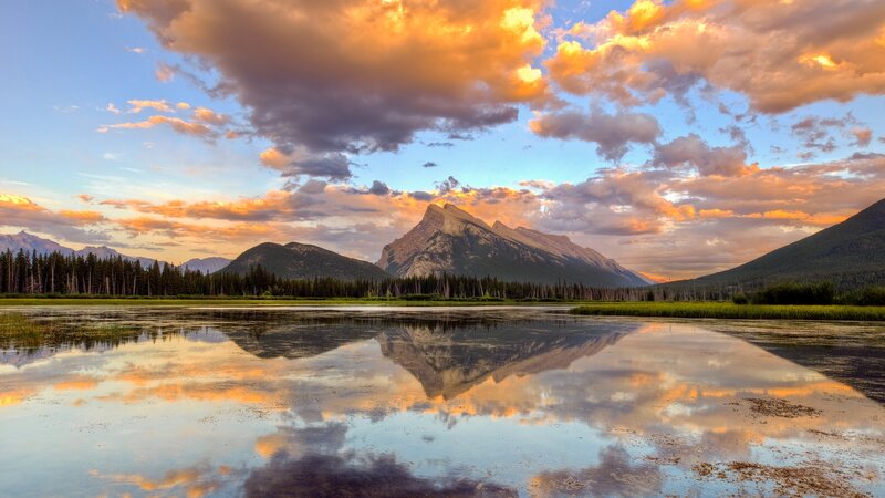 Mountain Reflected in Lake — Blue, Serene, Sunset, Photograph, Clouds, Forest