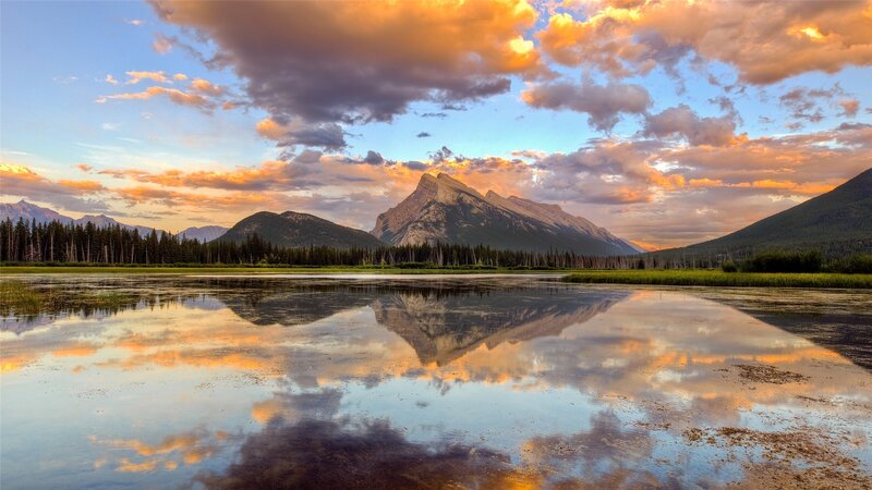 Mountain Reflected in Lake — Blue, Serene, Sunset, Photograph, Clouds