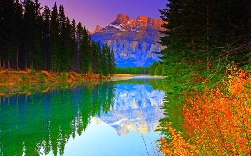 Mountain Reflected in Lake — Blue, Serene, Sunset, Photograph, Forest, Autumn Foliage