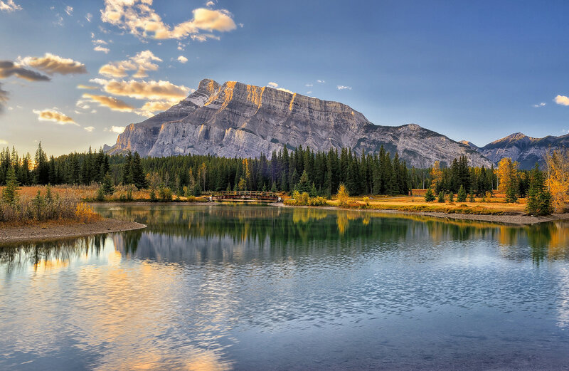 Mountain Reflected in Lake — Blue, Serene, Sunset, Photograph, Forest, Bridge, Clouds