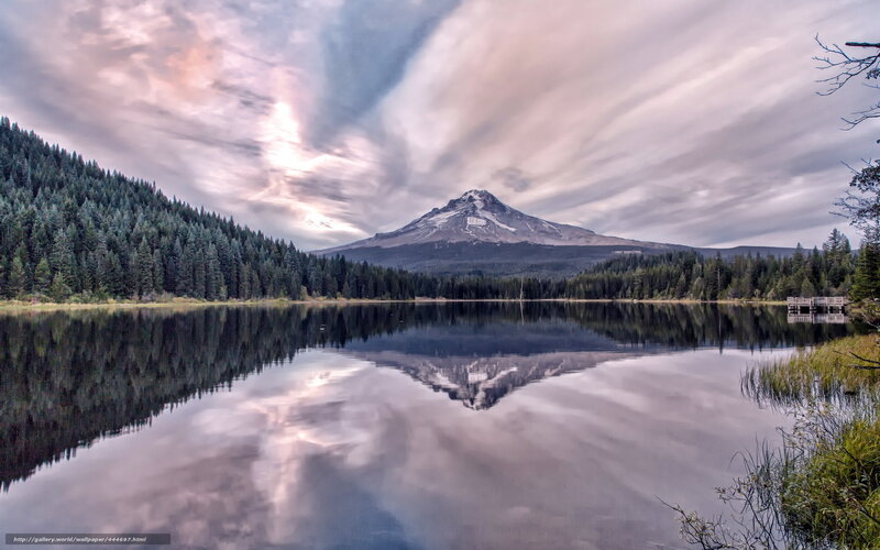Mountain Reflected in Lake — Blue, Serene, Sunset, Photograph, Forest, Clouds, Dock