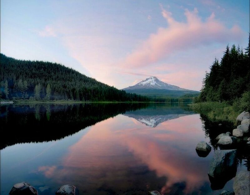 Mountain Reflected in Lake — Blue, Serene, Sunset, Photograph, Forest, Clouds