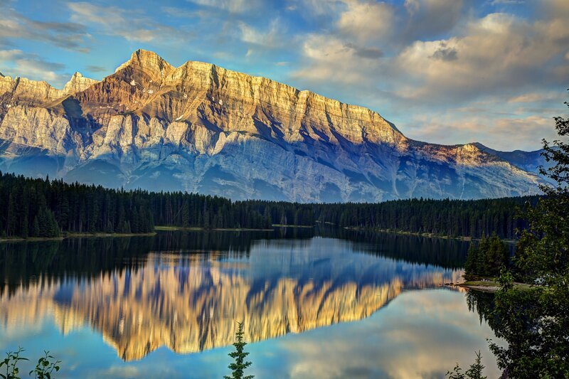 Mountain Reflected in Lake — Blue, Serene, Sunset, Photograph, Forest, Clouds, Trees