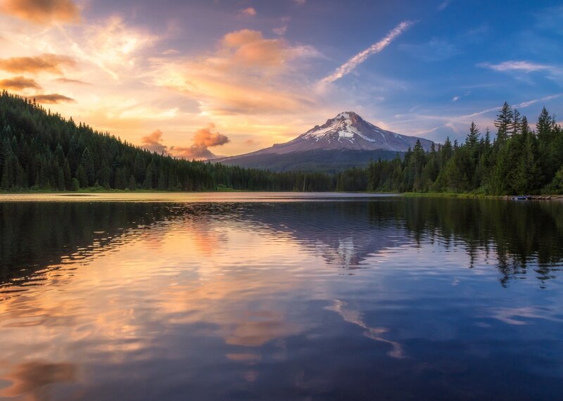 Mountain Reflected in Lake — Blue, Serene, Sunset, Photograph, Forest, Sky, Clouds