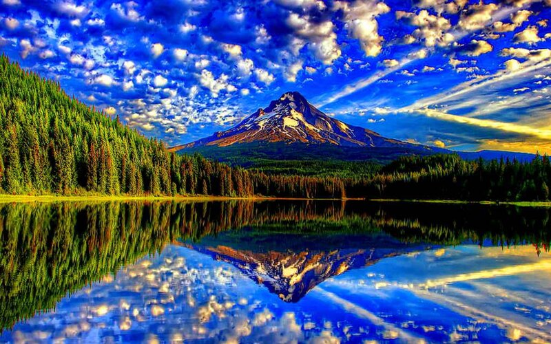 Mountain Reflected in Lake — Blue, Serene, Sunset, Photograph, Forest, Sky