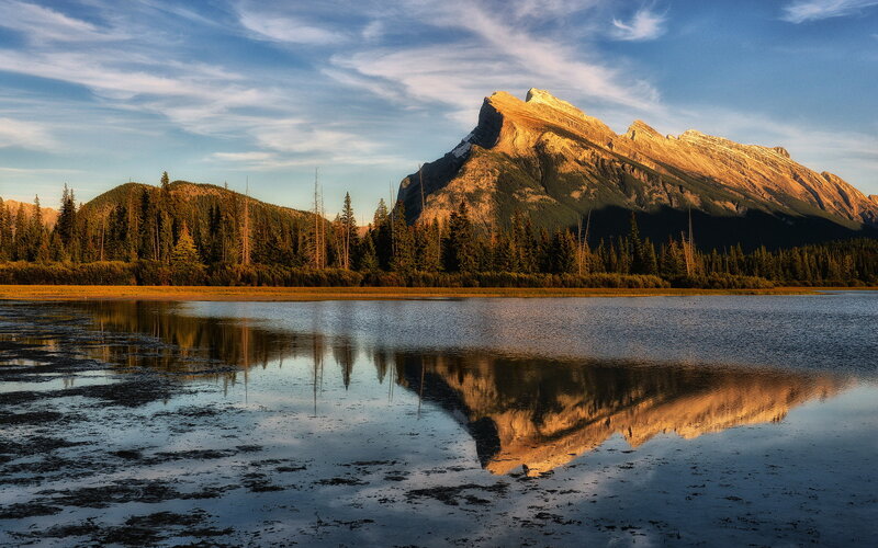 Mountain Reflected in Lake — Blue, Serene, Sunset, Photograph, Forest, Sky, Trees