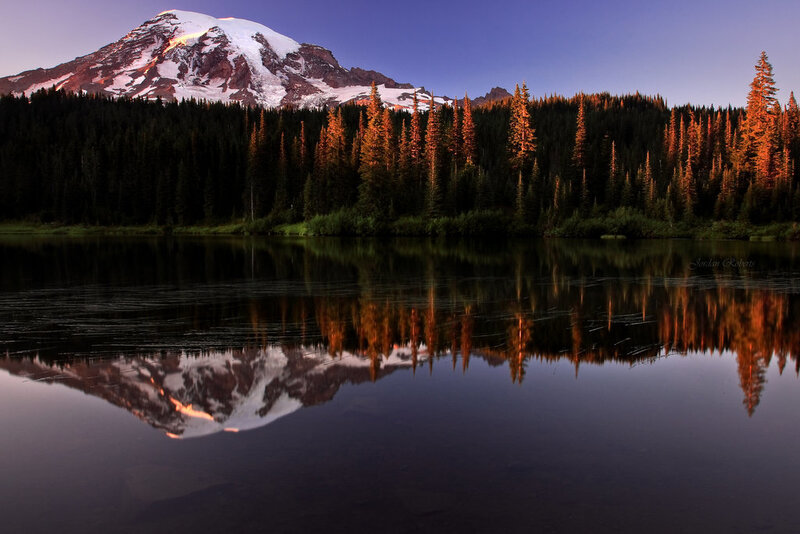 Mountain Reflected in Lake — Blue, Serene, Sunset, Photograph, Forest