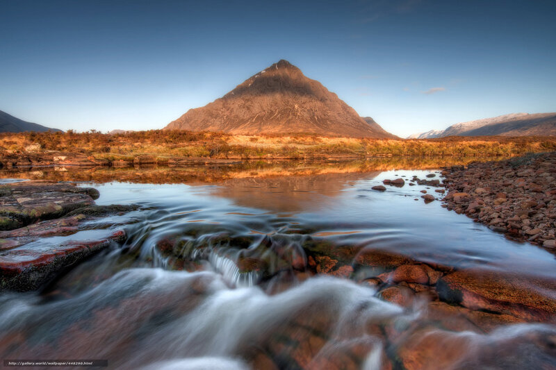 Mountain Reflected in Lake — Blue, Serene, Sunset, Photograph, River