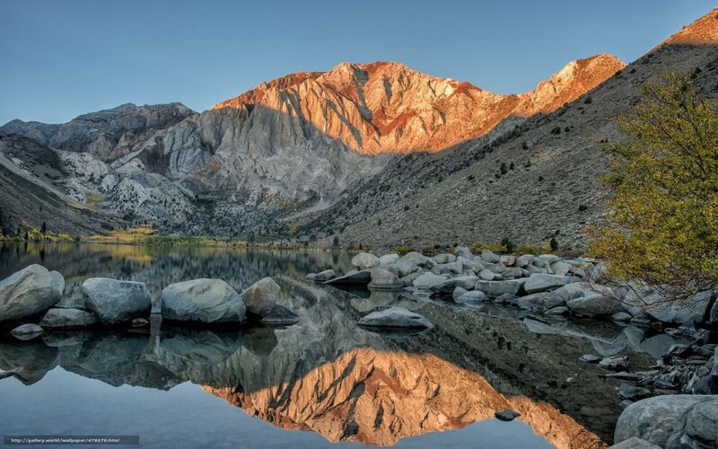 Mountain Reflected in Lake — Blue, Serene, Sunset, Photograph, Rocks
