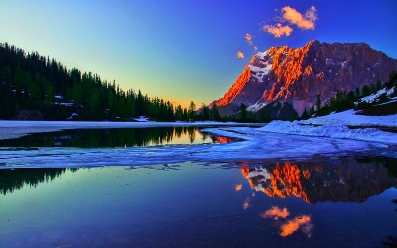 Mountain Reflected in Lake — Blue, Serene, Sunset, Photograph, Snow