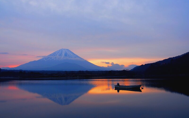 Mountain Reflected in Lake — Blue, Serene, Sunset, Photograph