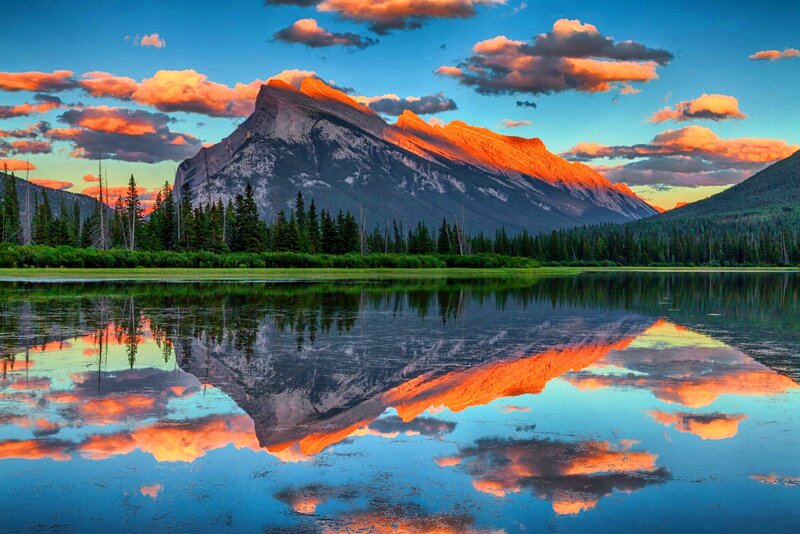 Mountain Reflected in Lake — Blue, Serene, Sunset, Photograph, Trees, Clouds