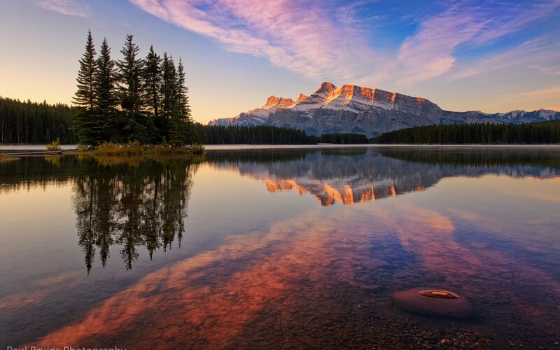 Mountain Reflected in Lake — Blue, Serene, Sunset, Photograph, Trees, Forest, Sky