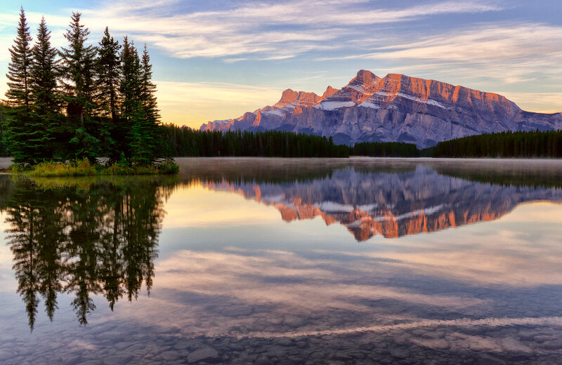 Mountain Reflected in Lake — Blue, Serene, Sunset, Photograph, Trees, Forest