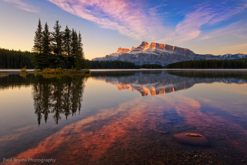 Mountain Reflected in Lake — Blue, Serene, Sunset, Photograph, Trees, Mountains