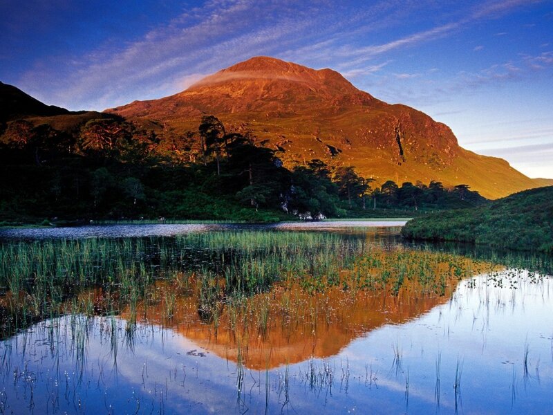 Mountain Reflected in Lake — Blue, Serene, Sunset, Photograph, Trees, Sky