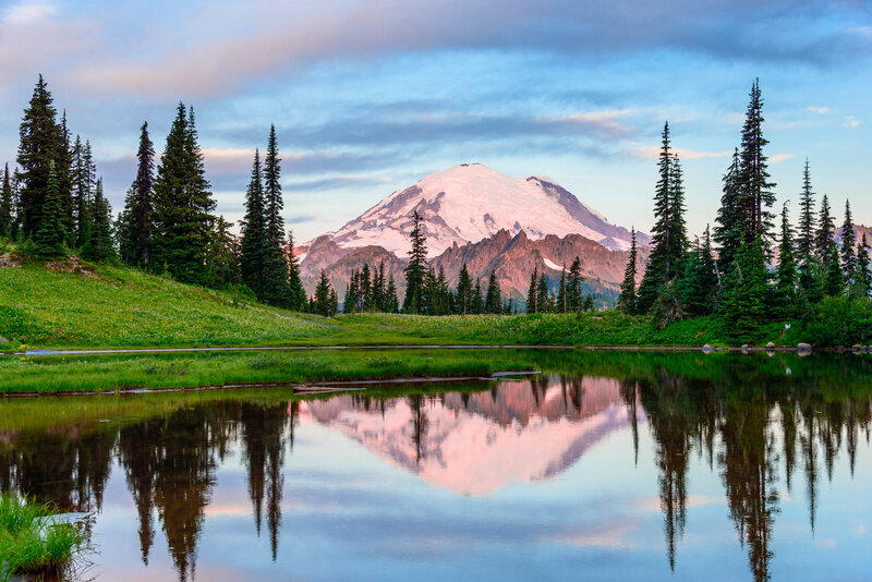 Mountain Reflected in Lake — Blue, Serene, Sunset, Photograph, Trees, Snow-capped Mountain