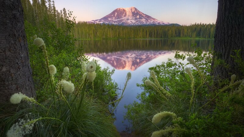 Mountain Reflected in Lake — Blue, Serene, Sunset, Photograph, Trees