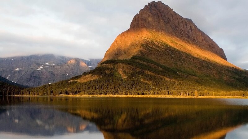 Mountain Reflected in Lake — Brown, Serene, Sunrise, Photograph, Forest, Clouds, Green, Blue