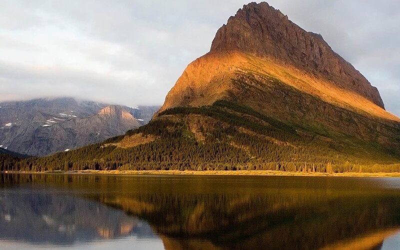 Mountain Reflected in Lake — Brown, Serene, Sunrise