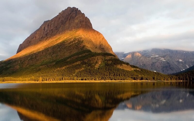 Mountain Reflected in Lake — Brown, Serene