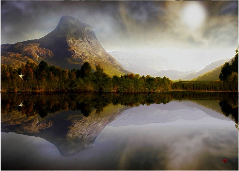 Mountain Reflected in Lake — Green, Dramatic, Morning