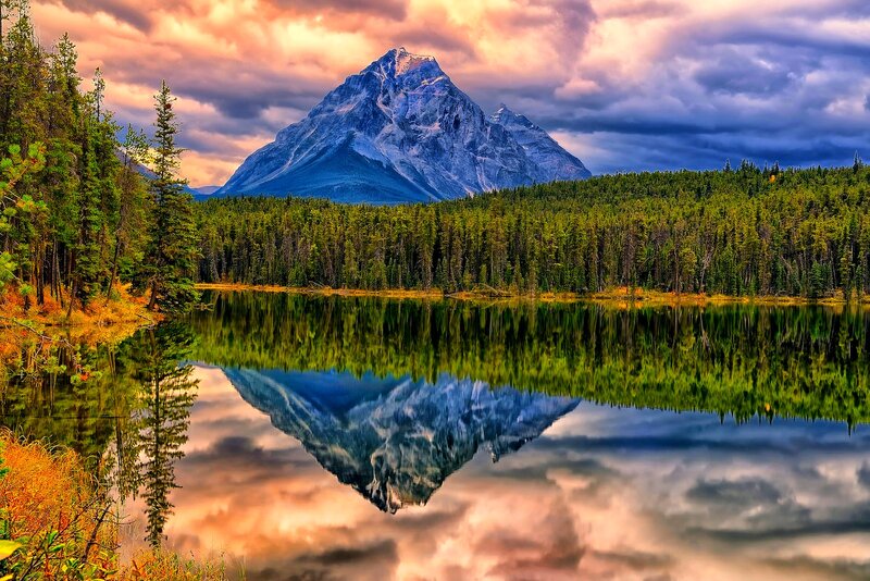 Mountain Reflected in Lake — Green, Dramatic, Sunset
