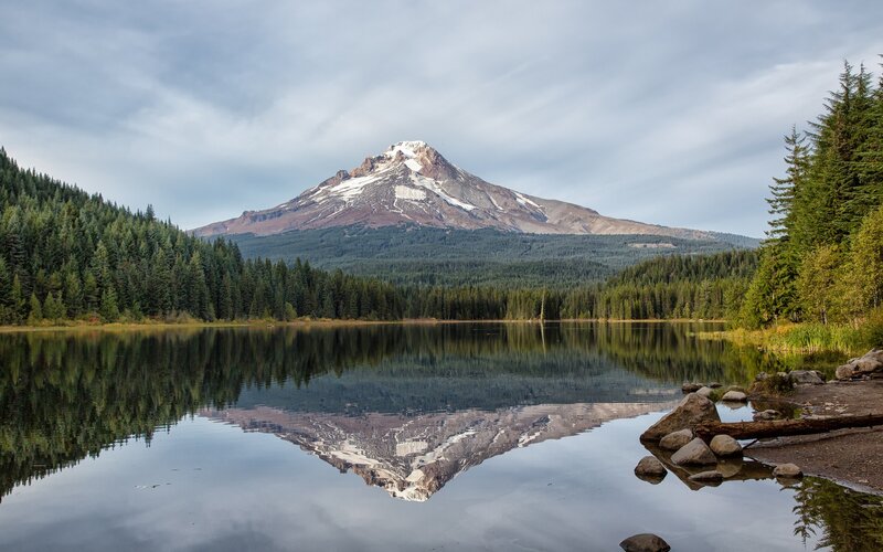 Mountain Reflected in Lake — Green, Serene, Morning, Photograph, Forest, Snow, Blue